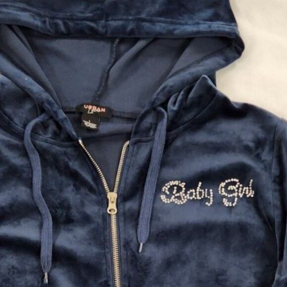 Urban Love Velour Zip Hoodie Jacket Size L Navy Y2K Cropped Rhinestone Lounge - Picture 2 of 9